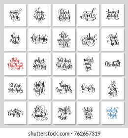set of 25 square hand lettering design to winter christmas holiday greeting cards, banner or printable wall art, calligraphy vector illustration collection