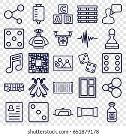 set of 25 square outline icons such as airport bus, fly, pan, abc cube, perfume, dice, window, chatting man, drop counter, milk, cargo box, share