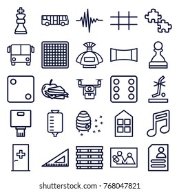 Set of 25 square outline icons such as airport bus, aid post, window, perfume, dice, ruler, note, chess board, puzzle, family photo, sandwich and apple, honeycomb, resume