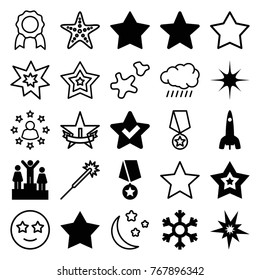 Set of 25 star filled and outline icons such as star, explode, snowflake, ranking, medal with star, rocket, sun, star, sparklers, medal, fireworks