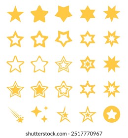 Set of 25 Star Icons - Assorted Star Icons, 5, 6, 7 Pointed, Pointy and Rounded, Shooting Star, Shine and More.