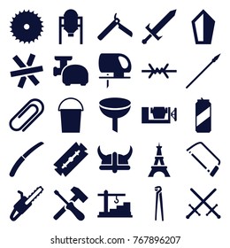 Set of 25 steel filled icons such as tank, eiffel tower, razor, bllade razor, bucket, blade saw, vice clamp, hacksaw, pliers, electric saw, filter, sword, gardening knife