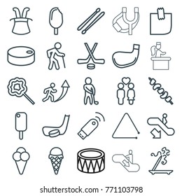 Set Of 25 Stick Outline Icons Such As Escalator Down, Aroma Stick, Magic Hat, Old Man, Ice Cream, Kebab, Lollipop, Couple, Drum, Triangle Musical Instrument, Glued Note