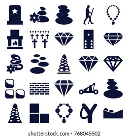 Set of 25 stone filled icons such as brick wall, tunnel, spa stones, necklace, diamond, domino, spa stone, slingshot, fireplace, gem, caveman, catapult, headstone