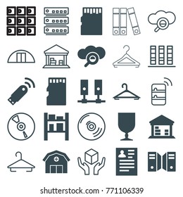 Set of 25 storage filled and outline icons such as hanger, resume, fragile cargo, cargo barn, server, search cloud, memory card, usb signal, binder, handle with care, cd, barn
