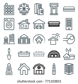 Set of 25 structure outline icons such as barn, door with heart, house building, business center, building, ferris wheel, trowel, core, house under sun, home, builidng