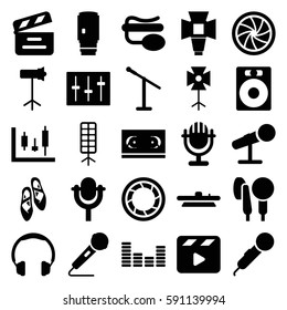 Set of 25 studio filled icons such as movie clapper, pin microphone, equalizer, sliders, microphone, soft box, camera 