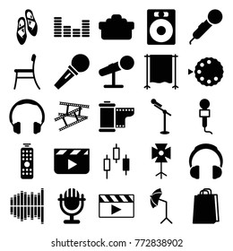 Set of 25 studio filled icons such as shopping bag, microphone, clapper board, speaker, headphones, control panel, equalizer, camera tape, camera lense, studio umbrella
