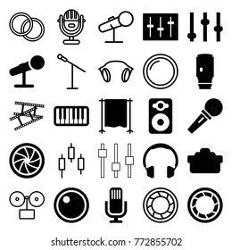 Set of 25 studio filled and outline icons such as adjust, headphones, speaker, sliders, piano, microphone, camera shutter, camera lense, camera tape, studio curtain