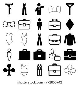 Set of 25 suit filled and outline icons such as clubs, diamonds, sweater, tie, jumpsuit, businessman, case, man, bow tie, woman consultant with case, swimsuit