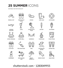 Set of 25 Summer linear icons such as Pamela hat, Pair flip flops, Ocean, Lime juice, Life guard, Ice cream, Food stand, vector illustration of trendy icon pack. Line icons with thin line stroke.