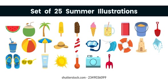 Set of 25 summer vector illustrations. Design elements with summer theme.
