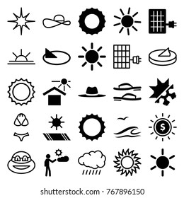 Set of 25 sun filled and outline icons such as sun, hat, house under sun, man, cold and hote mode, flip flops, sea and gull, solar panel, ninja, star