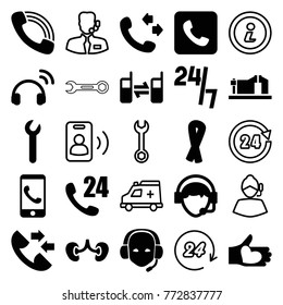 Set of 25 support filled and outline icons such as ribbon, call, 24 hours support, kidney, phone call, hand with heart, operator, connected phone, headset, wrench, ambulance