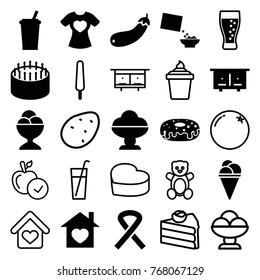 Set of 25 sweet filled and outline icons such as beehouse, drink, cake, ice cream, donut, ice cream ball, aubergine, cereal, t-shirt with heart, home with heart, ribbon, soda
