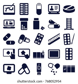 Set of 25 tablet filled icons such as ladder, paints, clean window, laptop, pill, bottle pills, medicine, atom on display, tablet, medical pills, usb drive