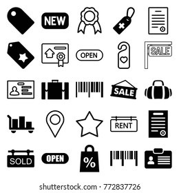 Set of 25 tag filled and outline icons such as barcode, luggage, medical cross tag, sale, shopping sale, bill of house, open, sport bag, suitcase, star, badge, location