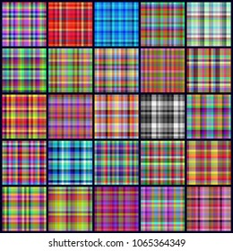 Set of 25 tartan seamless pattern, trendy Illustration for wallpapers. Tartan plaid inspired background. 