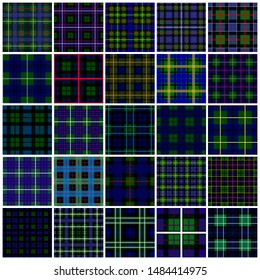 Set of 25 tartans, mostly blue and green.. Tartan imitation for prints on fabric and clothing, interior decoration. Seamless backgrounds.