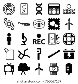 Set of 25 technology filled and outline icons such as stairs, calculator, battery, clamp, microscope, tv, drop counter, mill, fan, photo with heart, rec, dna