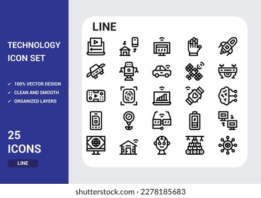Set of 25 technology icons. Industry 4.0 concept factory of the future. Technology progress: 5g, ai, robot, iot, near field communication, programming and many more - stock vector