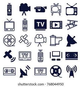 Set of 25 television filled and outline icons such as movie tape, film tape, transmitter, satellite, camera, tv, camera tape, remote control