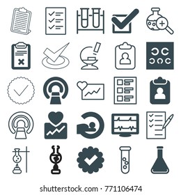 Set of 25 test filled and outline icons such as clipboard, tick, heartbeat, mri, eye test, cardiogram, check list, microscope