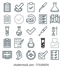 Set of 25 test outline icons such as clipboard, tick, test tube, checklist, heartbeat, pipette, mri, check list