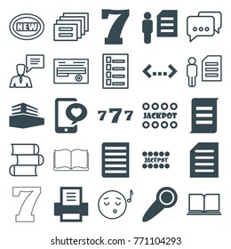 Set of 25 text filled and outline icons such as jackpot, phone with heart, man and document, document, quotation, documents box, printer, door knob, new, book