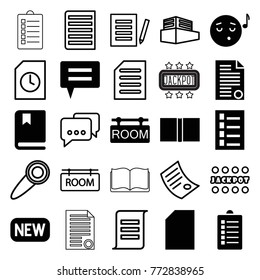 Set of 25 text filled and outline icons such as document, paper, emoji listening music, chat, room tag, book, jackpot, message, documents box, door knob
