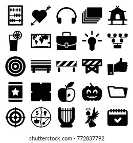 Set of 25 thin filled icons such as barrier, clock, folder, star, world map, harp, heart with arrow, family structure, apple, calendar, angel, bulb, target, marketing, headset