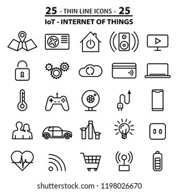 Set of 25 thin line icons about internet of things (IOT) technology.
