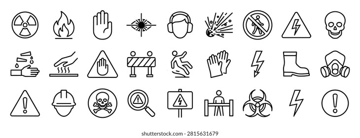 Set of 25 thin line safety hazard icons including radiation, fire, laser, ear protection, explosion, no entry, electricity, skull, hand washing, hot surface, caution, slippery floor on transparent background