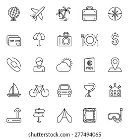 Set of 25 thin line travel and vacation icons