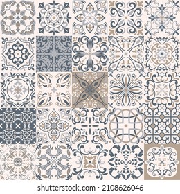 Set of 25 tiles Azulejos. Seamless patchwork tile with Victorian motifs. Original traditional Portuguese and Spain decor.  Tiles in dutch, portuguese, spanish, italian style.
Vector illustration