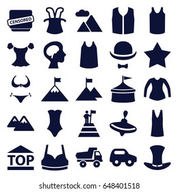  set of 25 top filled icons such as whirligig, toy car, bikini, star, sport bra, singlet, blouse, swimsuit, sleeveless shirt, censored, human brain