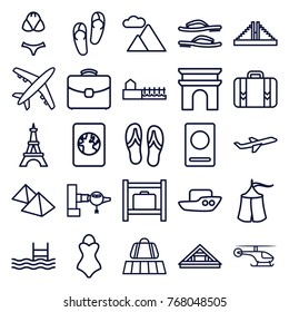 Set of 25 tourism outline icons such as luggage belt, passport, jetway, luggage storage, chichen itza, arc de triomphe, eiffel tower, boat, flip flops, pool, luggage