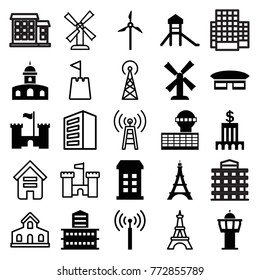 Set of 25 tower filled and outline icons such as signal tower, building, mill, castle, bank, transmitter, airport