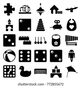Set of 25 toy filled icons such as pyramid, duck, baby toy, puzzle, beach ball, baby bid, swing, house, dice, xylophone, board game, robot, whirligig, child building kit, kite