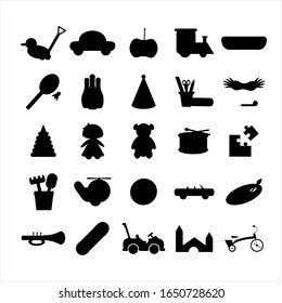 Set of 25 toys silhouettes. Flat vector illustration. Isolated on white background