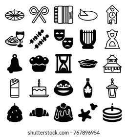 Set of 25 traditional filled and outline icons such as berry, bell, ninja, mask, harp, maple syrup, croissant, pie, pasta and wine glass, cookie, cake, kebab, hourglass