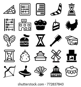 Set of 25 traditional filled and outline icons such as temple, whirligig, boomerang, fireplace, burger with sausage, bow, hourglass, turkey, piece of cake, pie, mace, berry