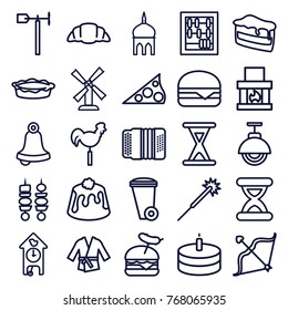 Set of 25 traditional outline icons such as mosque, mill, sparklers, trash bin, bell, abacus, fireplace, piece of cake, burger with sausage, cheeseburger, croissant, pie