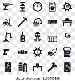 Set Of 25 Transparent Icons Such As Planning, Bolt, Pump, Silo, Electricity, Saw, Elevator, Machinery, Drill, Forklift, Gauge, Machine Press, Web UI Transparency Icon Pack