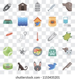 Set Of 25 transparent icons such as Comb, Bird, Rabbit, Cat, Pet bed, Water tank, Nail clippers, Fish food, Ball, Bowl, Cage, Kennel, web UI transparency icon pack