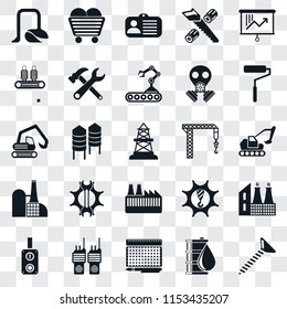 Set Of 25 transparent icons such as Screw, Oil, print, Walkie talkie, Switch, Roller, Crane, Factory, Conveyor, Id card, Coal, web UI transparency icon pack