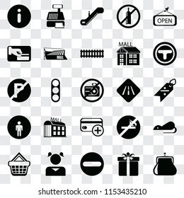 Set Of 25 transparent icons such as Purse, Gift, Forbidden, Girl, Shopping basket, Junction, Road, Cit card, Restroom, Card payment, Escalator, Cashier machine, web UI transparency icon pack