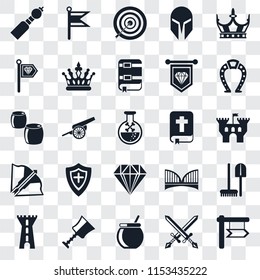Set Of 25 transparent icons such as, Swords, Cauldron, Cup, Tower, Horseshoe, Bible, Jewelry, Crossbow, Standard, Archery, Flag, web UI transparency icon pack