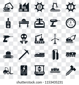 Set Of 25 Transparent Icons Such As Bolt, Conveyor, Machine Press, Electricity, Forklift, Gauge, Windmill, Cargo Truck, Switch, Options, Factory, Web UI Transparency Icon Pack