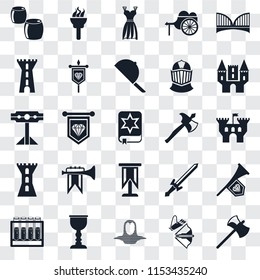Set Of 25 transparent icons such as Axe, Crossbow, Coif, Goblet, Alchemy, Castle, Standard, Tower, Gown, Torch, web UI transparency icon pack